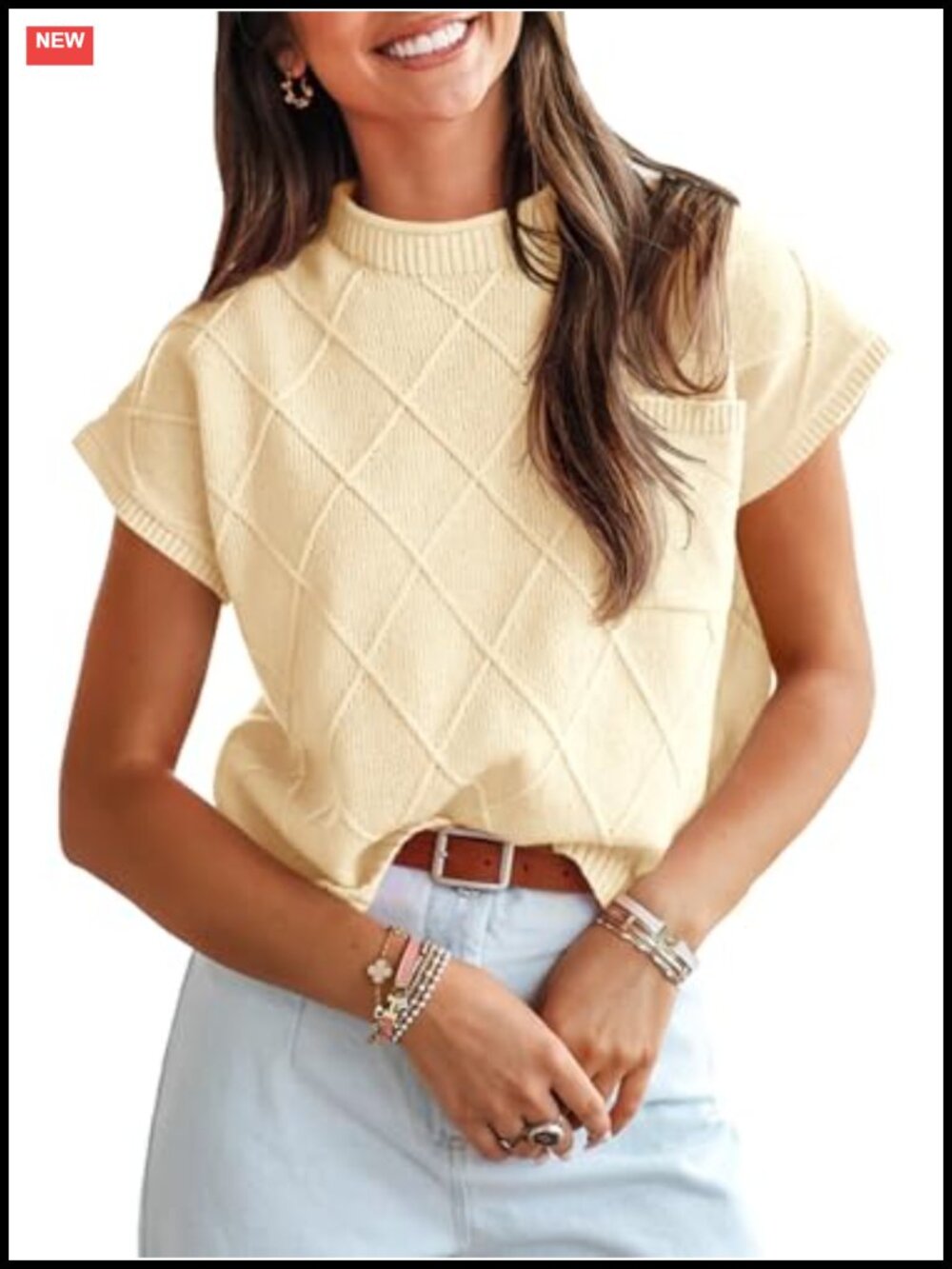 Women's Mock Neck Cap Sleeve Knit Pullover Sweater Lightweight Textured Work